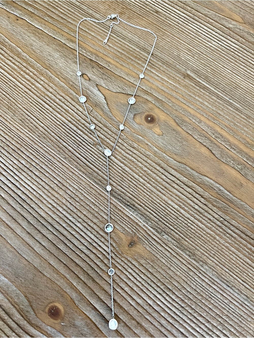 Silver Bezel CZ Station Lariat Y-Necklace Drop 26”